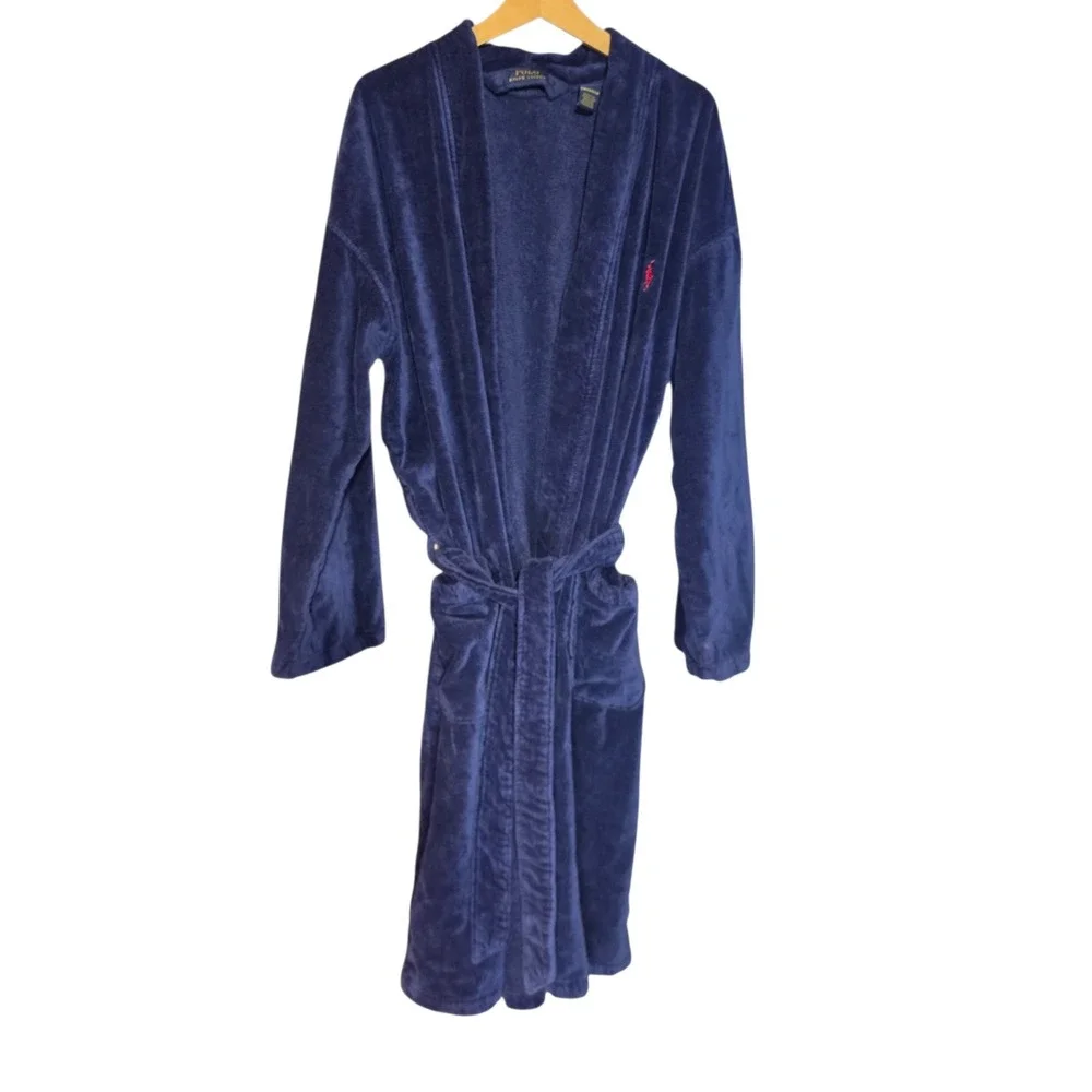 Polo Ralph Lauren Mens Medium Bathrobe Navy Blue Terry Cloth Cotton Pony Logo